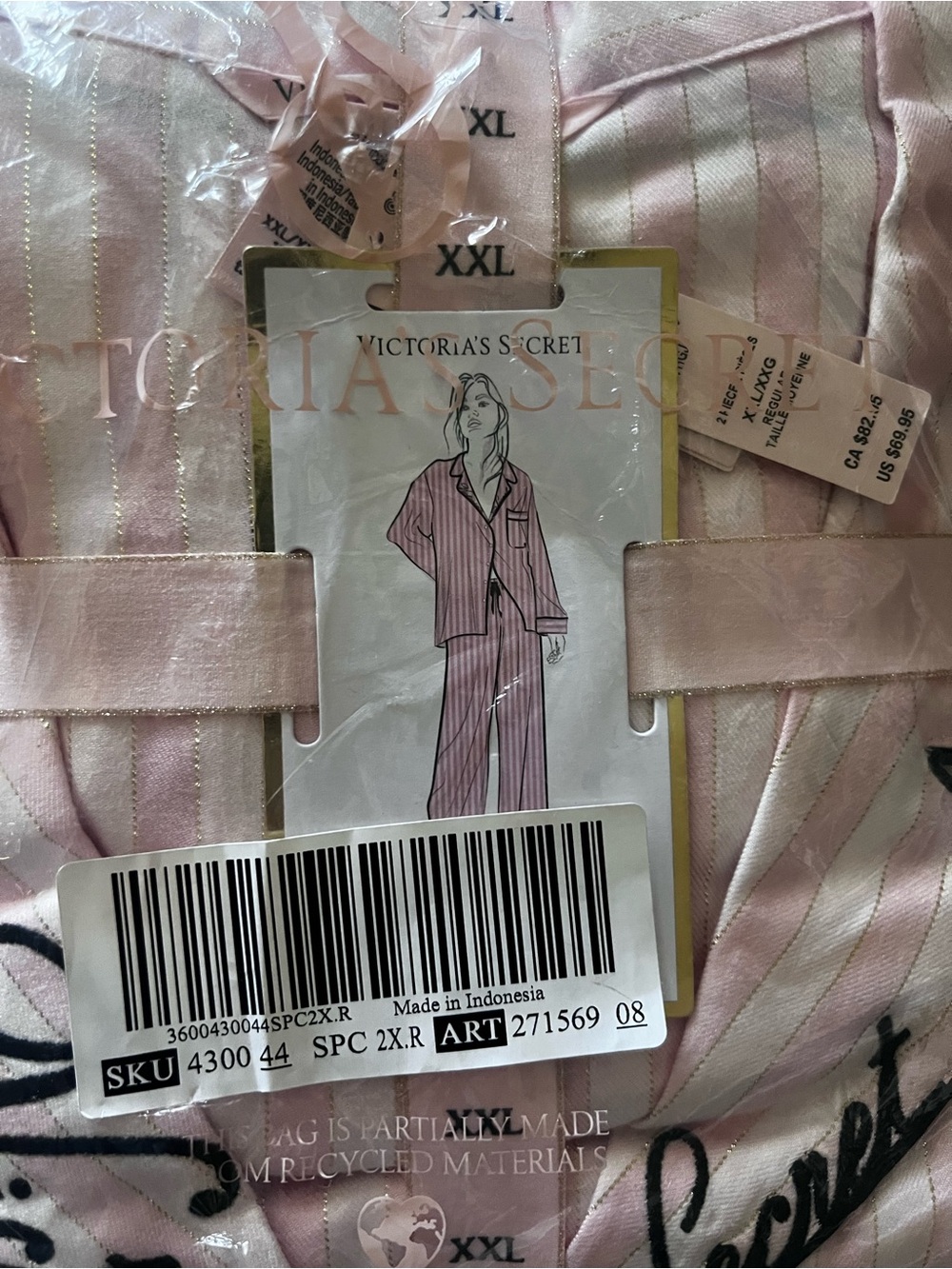 Victoria's Secret Pink and White Striped Satin Pajama Set with Black Script